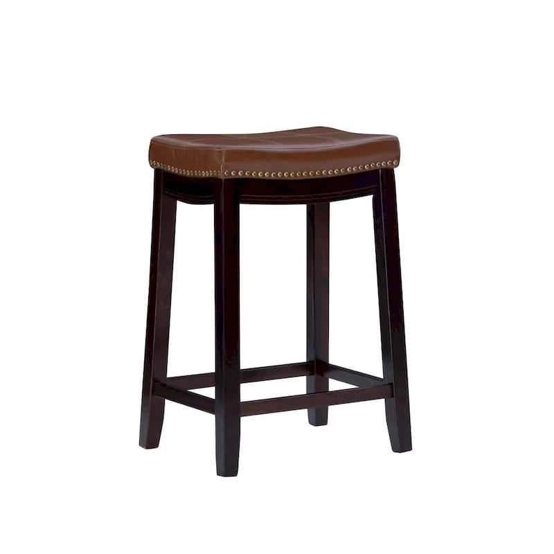 Sgabello da bancone in similpelle color cognac, struttura in legno espresso, seduta singola