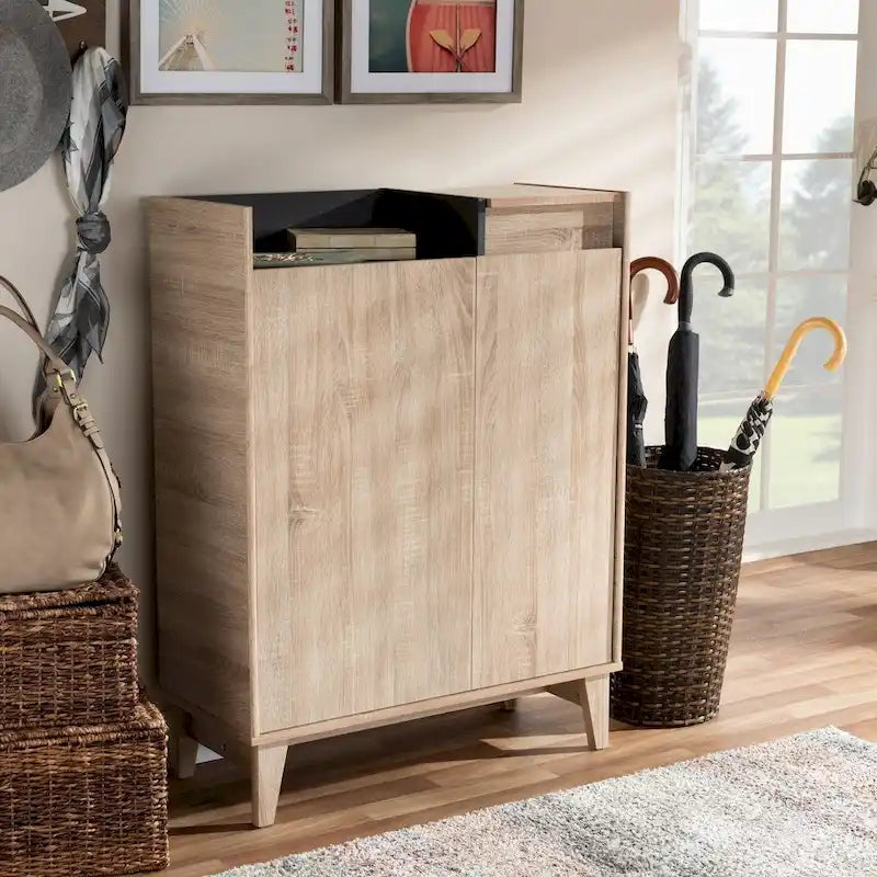 Scarpiera Mid-Century Rovere/Grigio con Cassetto, 2 Ante, per 10 Paia
