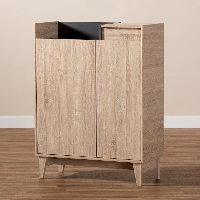 Scarpiera Mid-Century Rovere/Grigio con Cassetto, 2 Ante, per 10 Paia