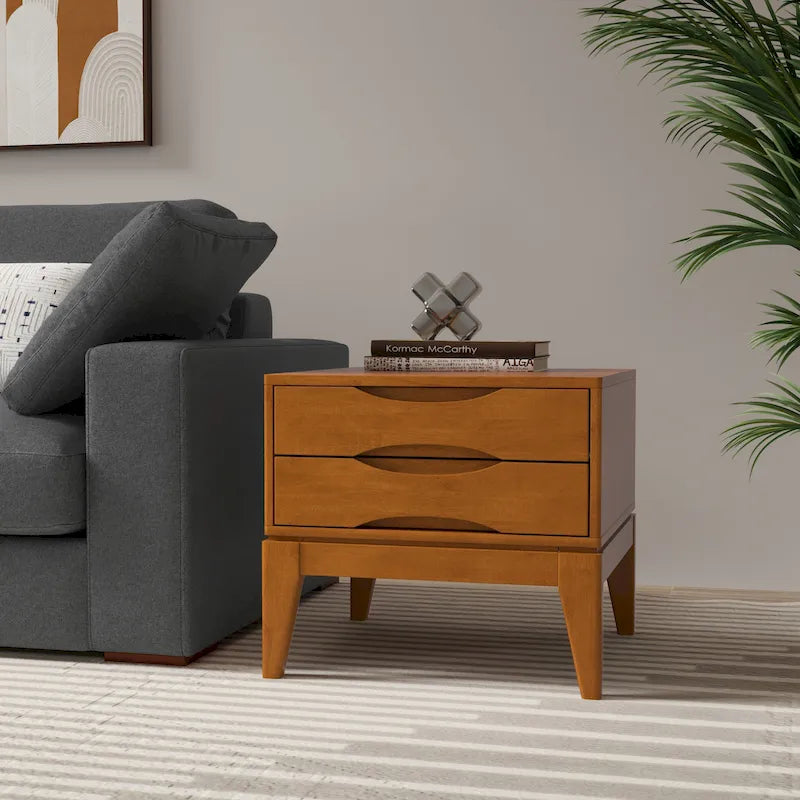 Tavolino quadrato con 2 cassetti noce/teak marrone – In legno massello di gomma