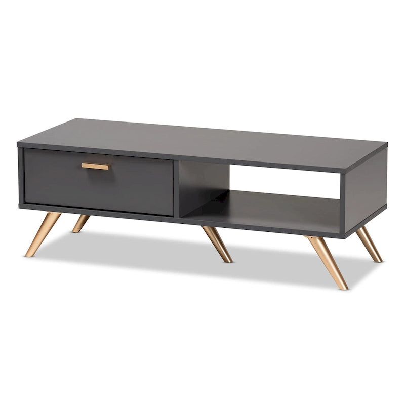 Tavolino da Caffè Moderno in Legno Grigio Scuro e Oro con Cassetto e Ripiano Aperto