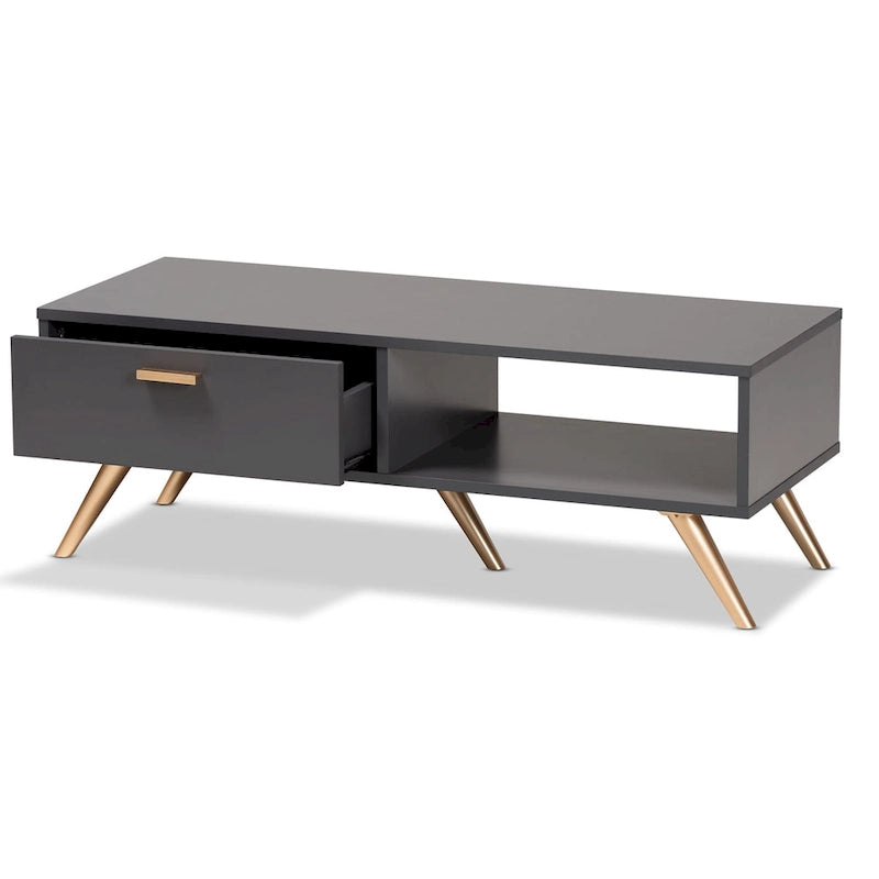 Tavolino da Caffè Moderno in Legno Grigio Scuro e Oro con Cassetto e Ripiano Aperto