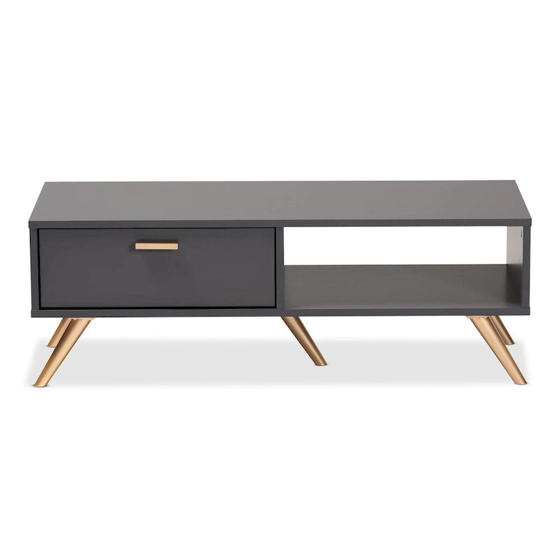 Tavolino da Caffè Moderno in Legno Grigio Scuro e Oro con Cassetto e Ripiano Aperto