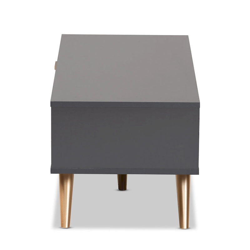 Tavolino da Caffè Moderno in Legno Grigio Scuro e Oro con Cassetto e Ripiano Aperto