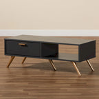 Tavolino da Caffè Moderno in Legno Grigio Scuro e Oro con Cassetto e Ripiano Aperto