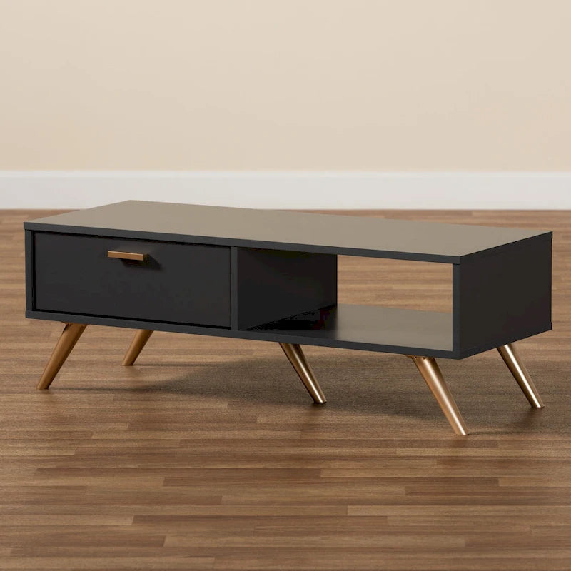 Tavolino da Caffè Moderno in Legno Grigio Scuro e Oro con Cassetto e Ripiano Aperto
