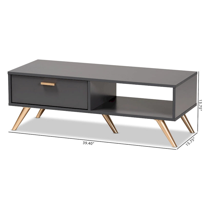 Tavolino da Caffè Moderno in Legno Grigio Scuro e Oro con Cassetto e Ripiano Aperto