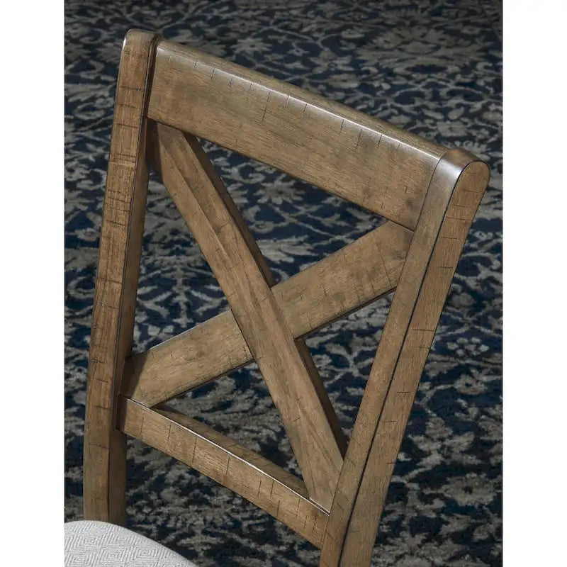 Sedie da pranzo con schienale a croce imbottite beige, finitura noce moscata, set da 2