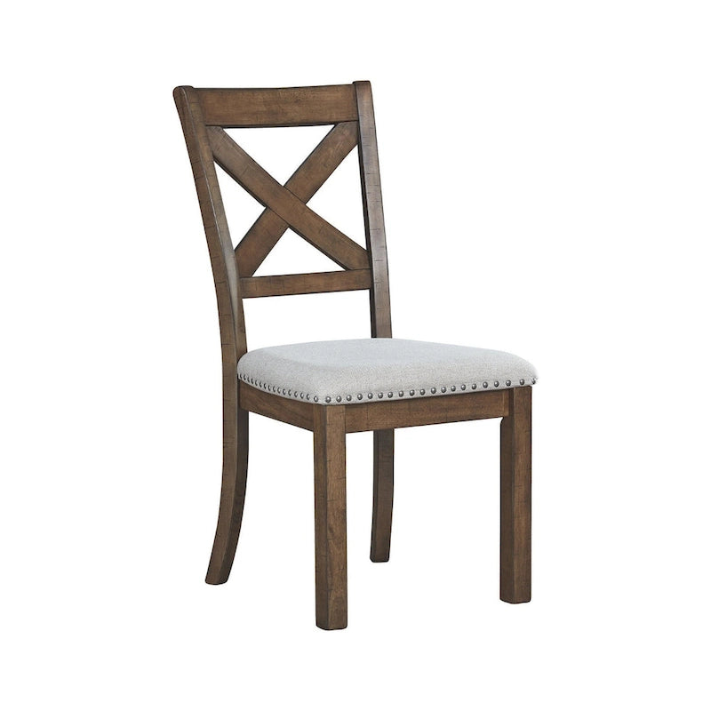 Sedie da pranzo con schienale a croce imbottite beige, finitura noce moscata, set da 2