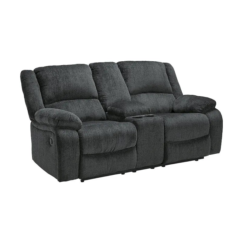 Divanetto reclinabile doppio in ciniglia color ardesia con console centrale, 2 posti