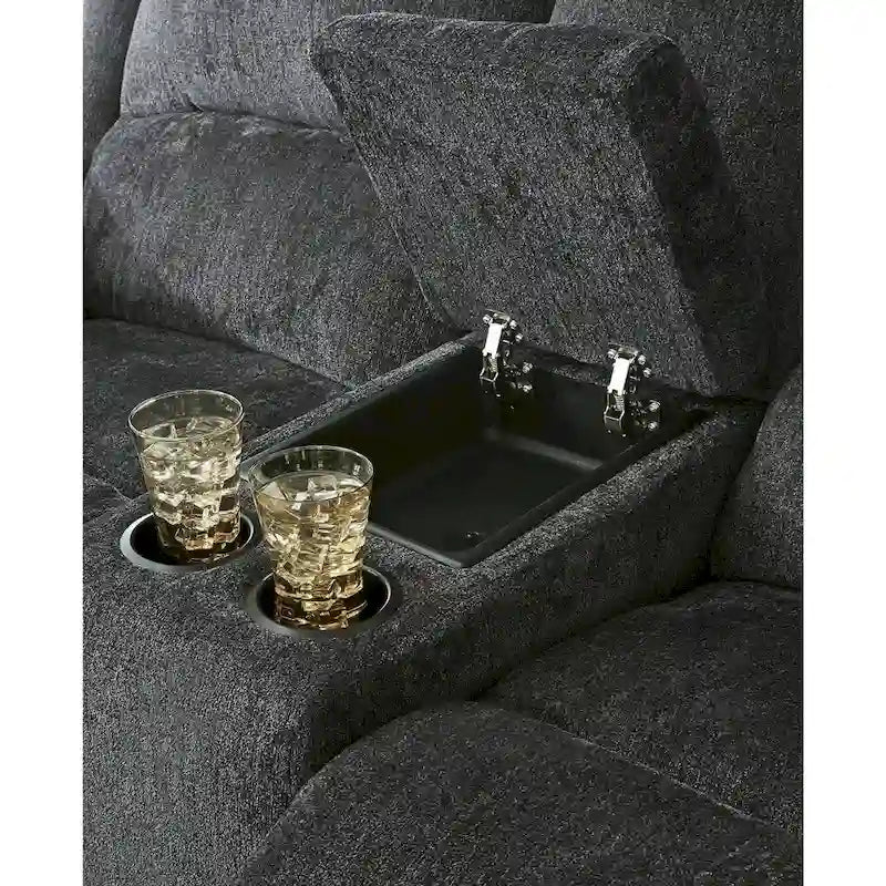 Divanetto reclinabile doppio in ciniglia color ardesia con console centrale, 2 posti