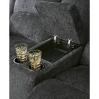 Divanetto reclinabile doppio in ciniglia color ardesia con console centrale, 2 posti