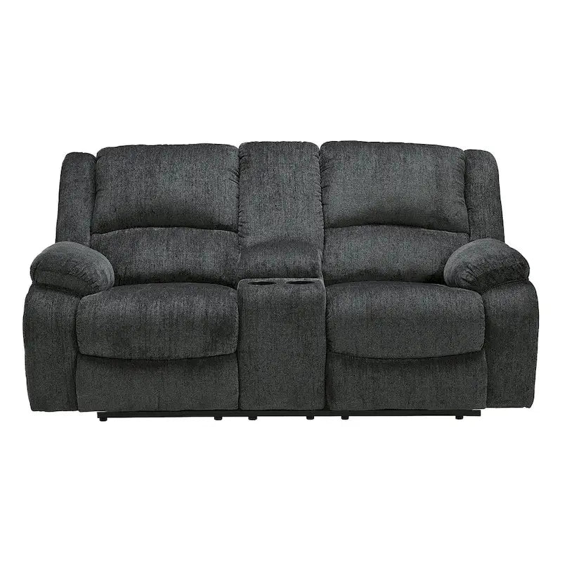 Divanetto reclinabile doppio in ciniglia color ardesia con console centrale, 2 posti