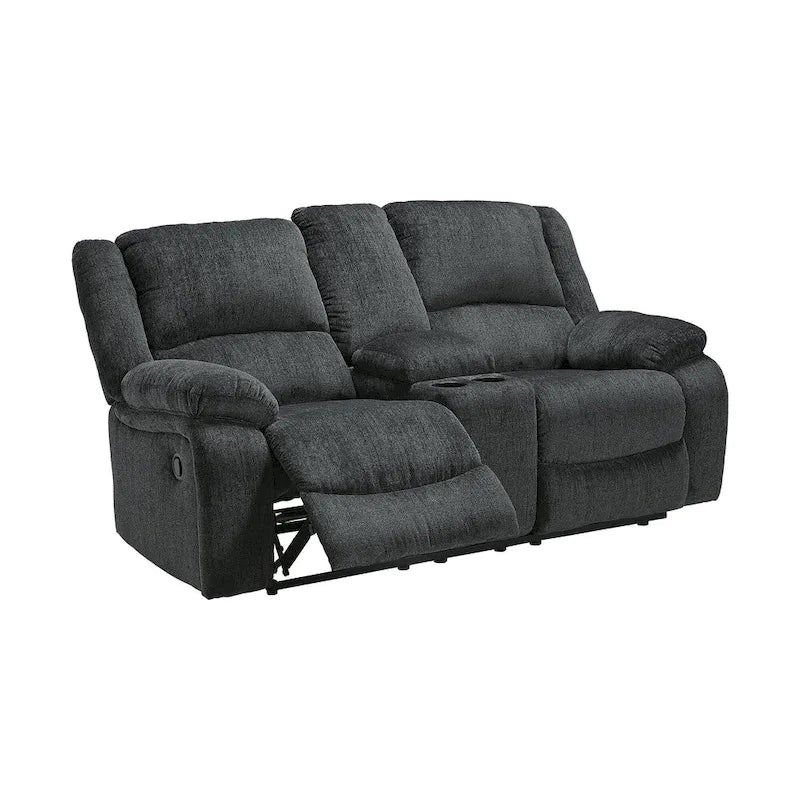 Divanetto reclinabile doppio in ciniglia color ardesia con console centrale, 2 posti
