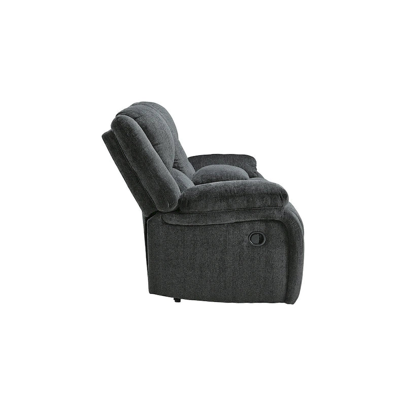 Divanetto reclinabile doppio in ciniglia color ardesia con console centrale, 2 posti