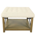 Pouf quadrato contenitore trapuntato in microfibra crema/grigio con ripiano in legno