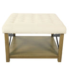 Pouf quadrato contenitore trapuntato in microfibra crema/grigio con ripiano in legno