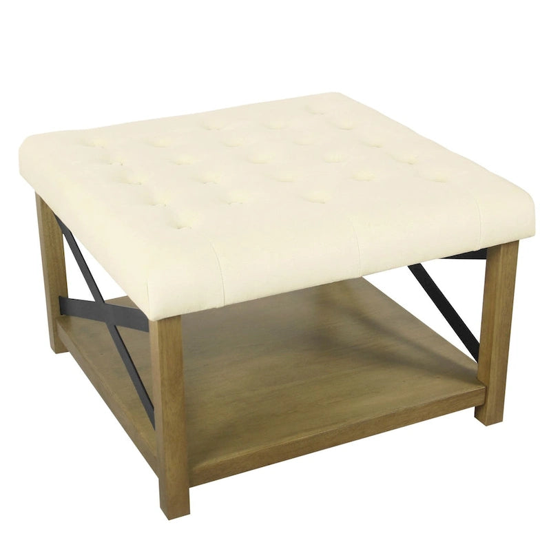 Pouf quadrato contenitore trapuntato in microfibra crema/grigio con ripiano in legno