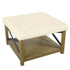 Pouf quadrato contenitore trapuntato in microfibra crema/grigio con ripiano in legno