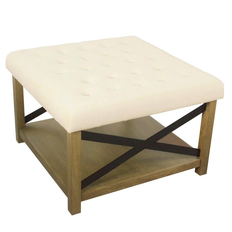 Pouf quadrato contenitore trapuntato in microfibra crema/grigio con ripiano in legno