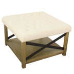 Pouf quadrato contenitore trapuntato in microfibra crema/grigio con ripiano in legno