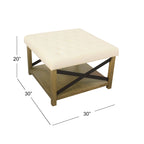 Pouf quadrato contenitore trapuntato in microfibra crema/grigio con ripiano in legno