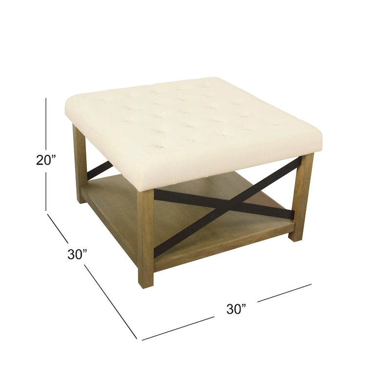 Pouf quadrato contenitore trapuntato in microfibra crema/grigio con ripiano in legno