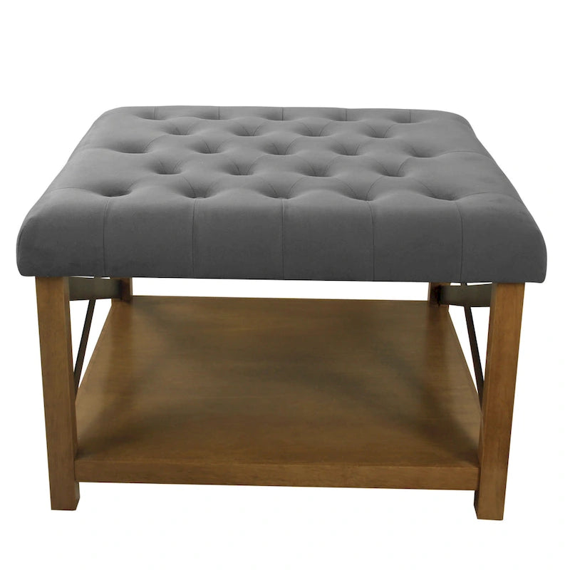 Pouf quadrato contenitore trapuntato in microfibra crema/grigio con ripiano in legno