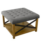 Pouf quadrato contenitore trapuntato in microfibra crema/grigio con ripiano in legno