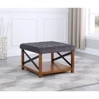 Pouf quadrato contenitore trapuntato in microfibra crema/grigio con ripiano in legno