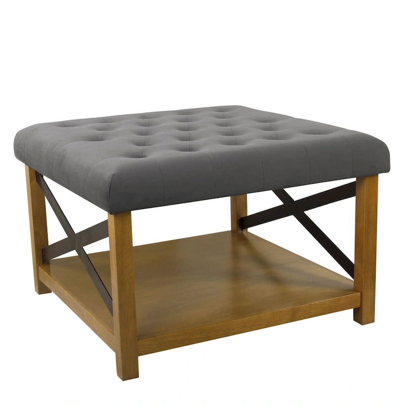 Pouf quadrato contenitore trapuntato in microfibra crema/grigio con ripiano in legno