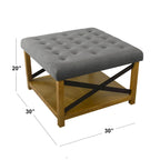 Pouf quadrato contenitore trapuntato in microfibra crema/grigio con ripiano in legno