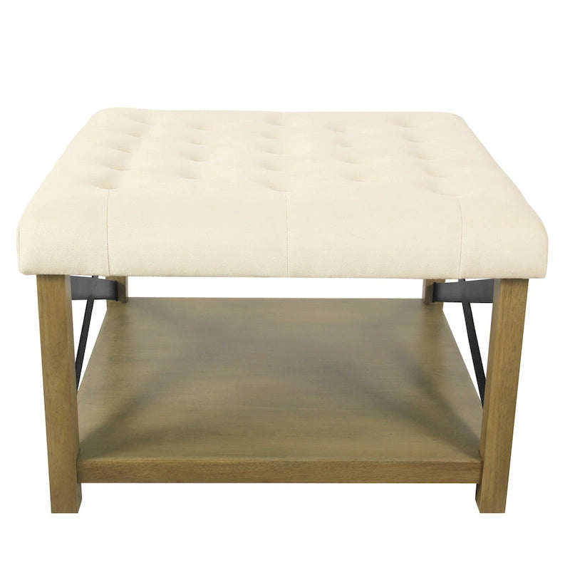 Pouf quadrato contenitore trapuntato in microfibra crema/grigio con ripiano in legno