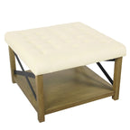 Pouf quadrato contenitore trapuntato in microfibra crema/grigio con ripiano in legno