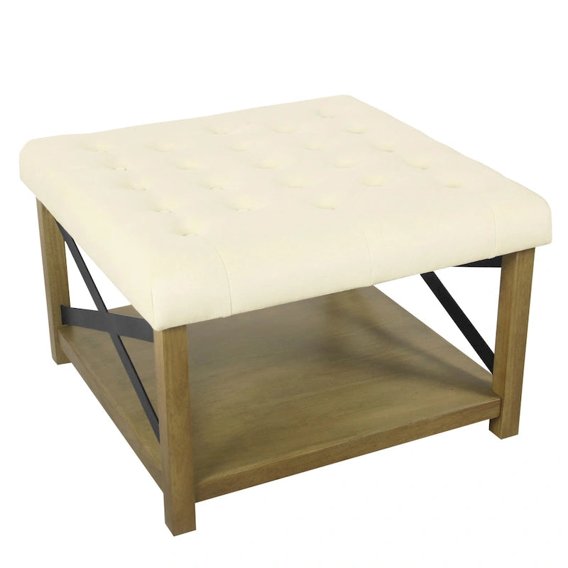 Pouf quadrato contenitore trapuntato in microfibra crema/grigio con ripiano in legno