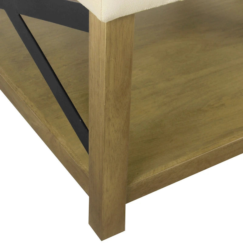 Pouf quadrato contenitore trapuntato in microfibra crema/grigio con ripiano in legno