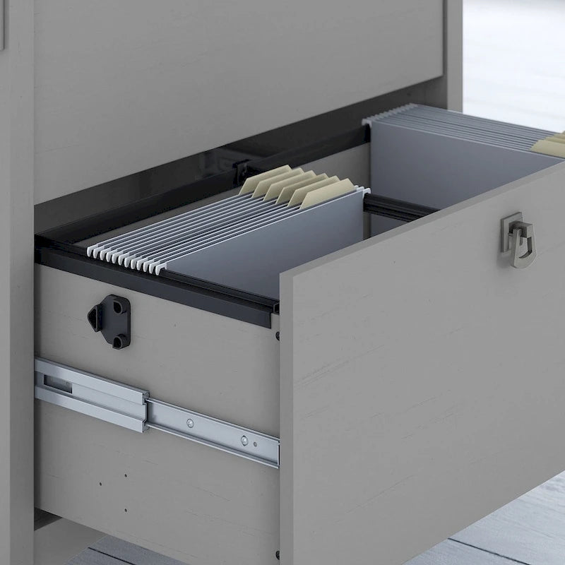 Scrivania angolare con finitura grigia e legno, con cassettiera e libreria, 1 persona
