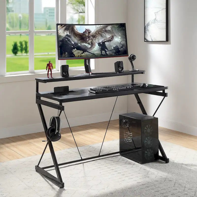 Scrivania da Gaming con Luci LED RGB – Nero / Bianco / Viola / Rosa, Utente Singolo
