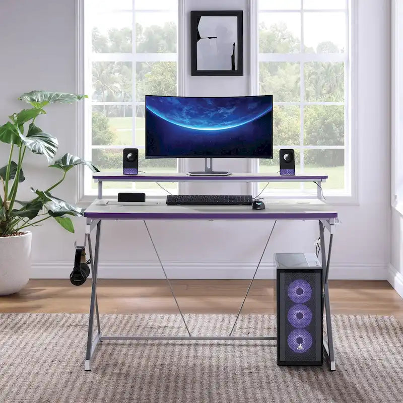 Scrivania da Gaming con Luci LED RGB – Nero / Bianco / Viola / Rosa, Utente Singolo
