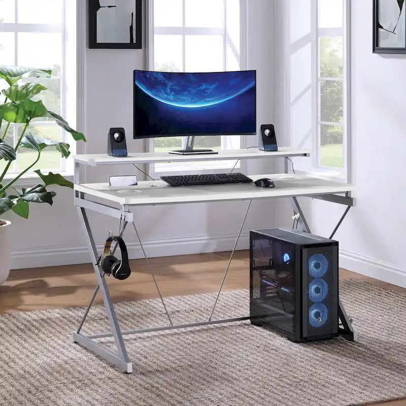 Scrivania da Gaming con Luci LED RGB – Nero / Bianco / Viola / Rosa, Utente Singolo