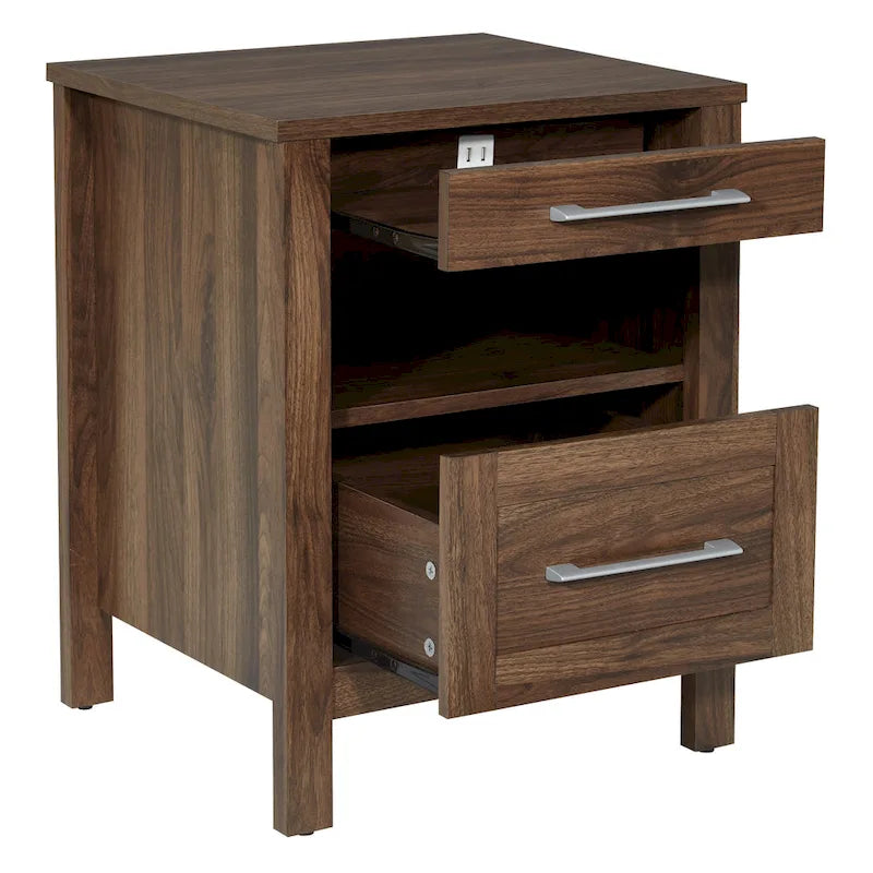 Comodino contemporaneo singolo con ripiano USB e cassetto, Quercia Canyon/Noce Classico