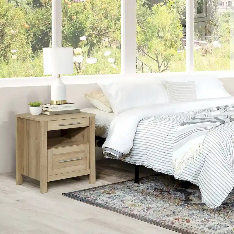 Comodino contemporaneo singolo con ripiano USB e cassetto, Quercia Canyon/Noce Classico