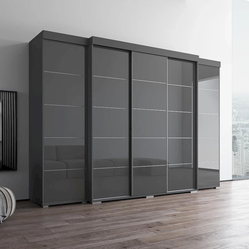 Set armadio a 3 ante con frontale in vetro Grigio/Nero/Bianco e finitura opaca