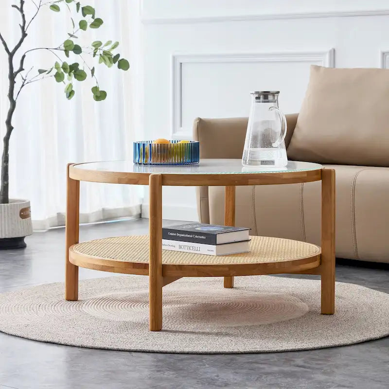 Tavolino rotondo a doppio strato in legno naturale, vetro temperato e ripiano in stile rattan, 1 persona
