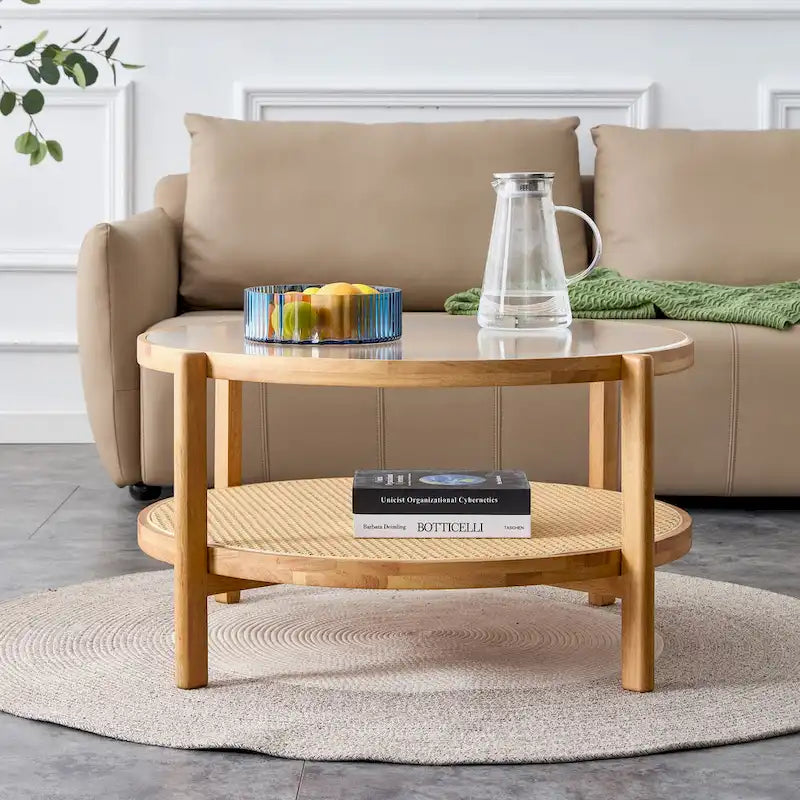 Tavolino rotondo a doppio strato in legno naturale, vetro temperato e ripiano in stile rattan, 1 persona