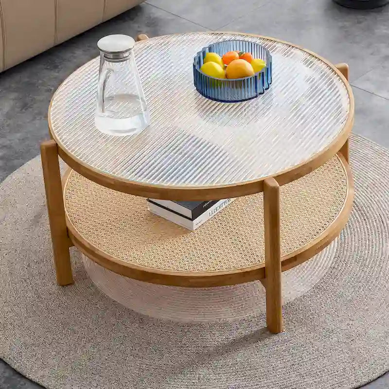 Tavolino rotondo a doppio strato in legno naturale, vetro temperato e ripiano in stile rattan, 1 persona
