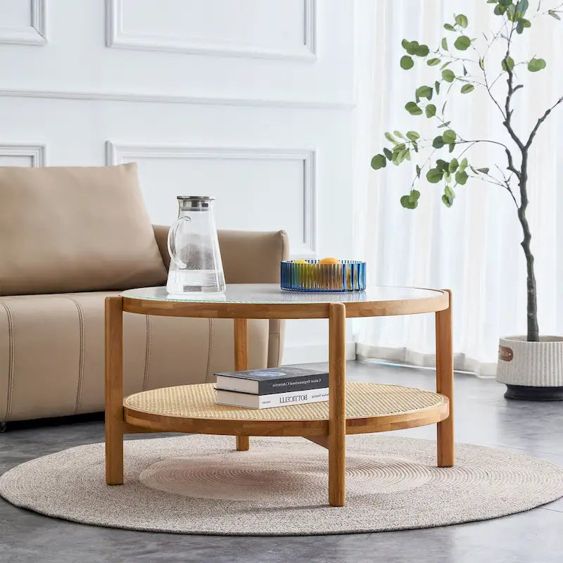 Tavolino rotondo a doppio strato in legno naturale, vetro temperato e ripiano in stile rattan, 1 persona