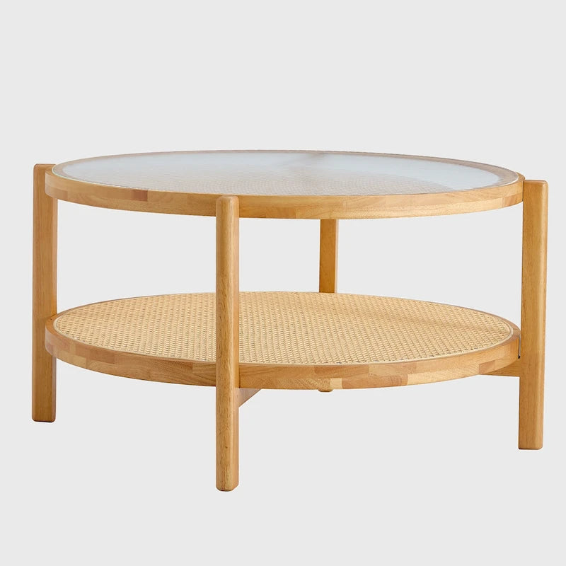 Tavolino rotondo a doppio strato in legno naturale, vetro temperato e ripiano in stile rattan, 1 persona