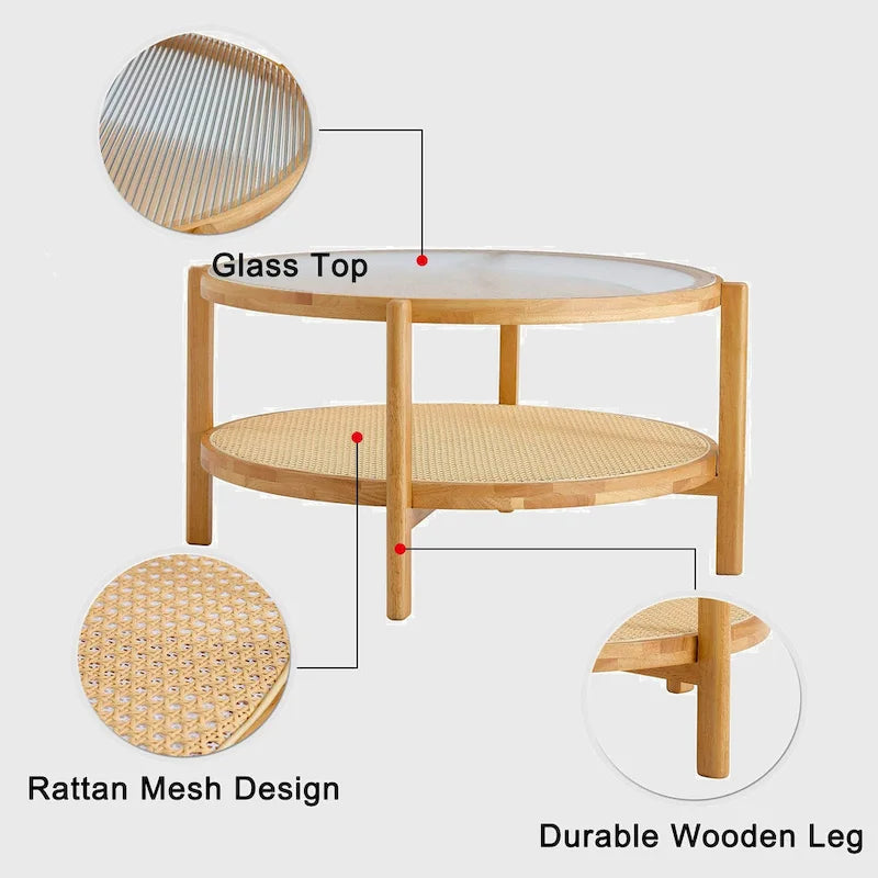 Tavolino rotondo a doppio strato in legno naturale, vetro temperato e ripiano in stile rattan, 1 persona