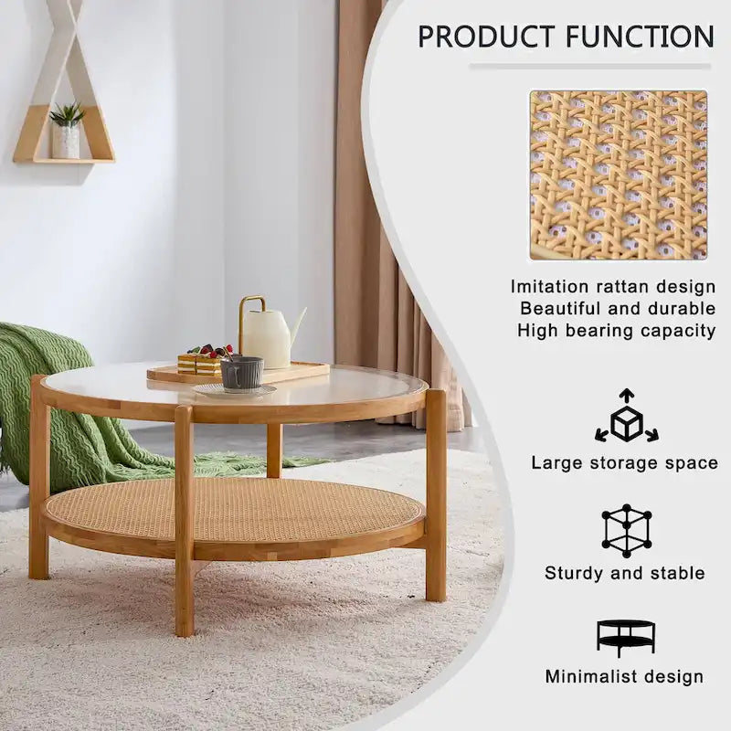 Tavolino rotondo a doppio strato in legno naturale, vetro temperato e ripiano in stile rattan, 1 persona
